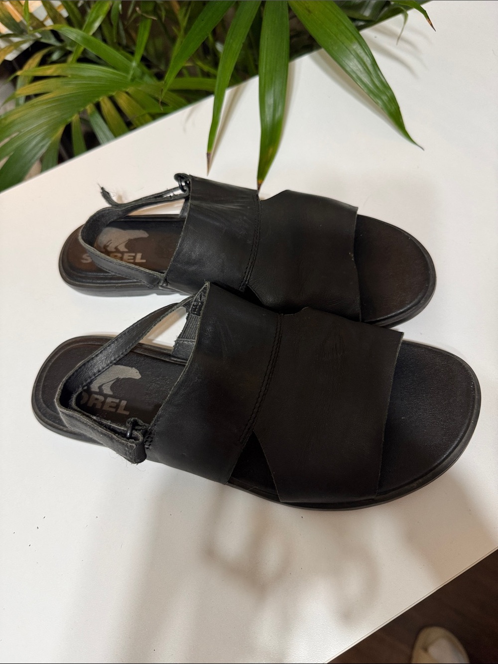 Sorel Black Leather Slingback Slide Sandals
